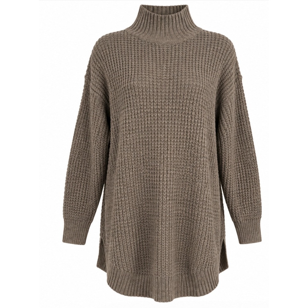 Daisy Fuentes Mock Neck Tunic Sweater Women Medium Cocoa Heather Waffle Knit